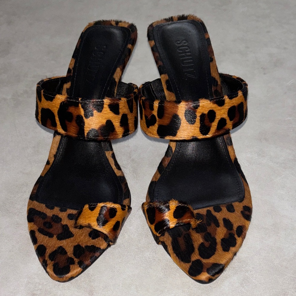 SCHUTZ Leopard-Print Pointed Toe Slide Mules - Brown/Black. Available in sz 6.5. - Picture 3 of 6